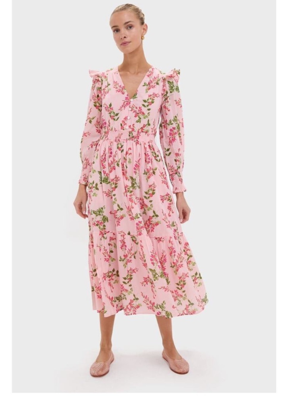Banjanan Pearl Pink Floral Ruffled Long Sleeve Midi Dress in Wisteria Cabaret M - Picture 4 of 14